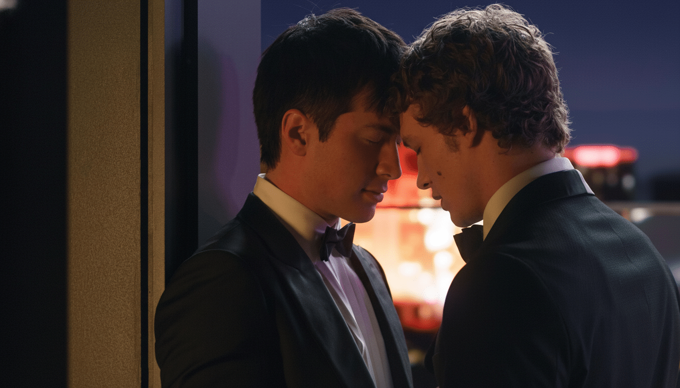 Two men in tuxedos, heads touching, in a tender moment with a city lights background.
