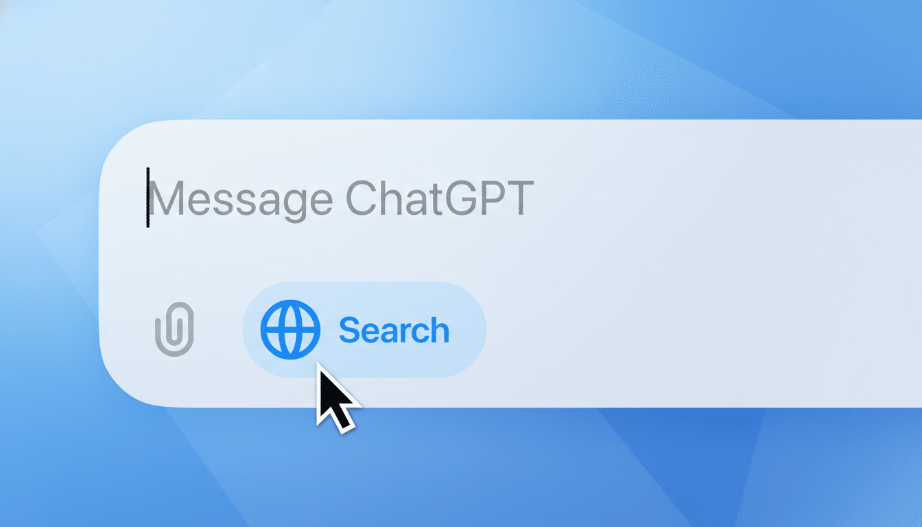 A close-up of a message input field with Message ChatGPT as a placeholder, and a Search button with a globe icon, being clicked by a mouse cursor. The background is a soft blue gradient.