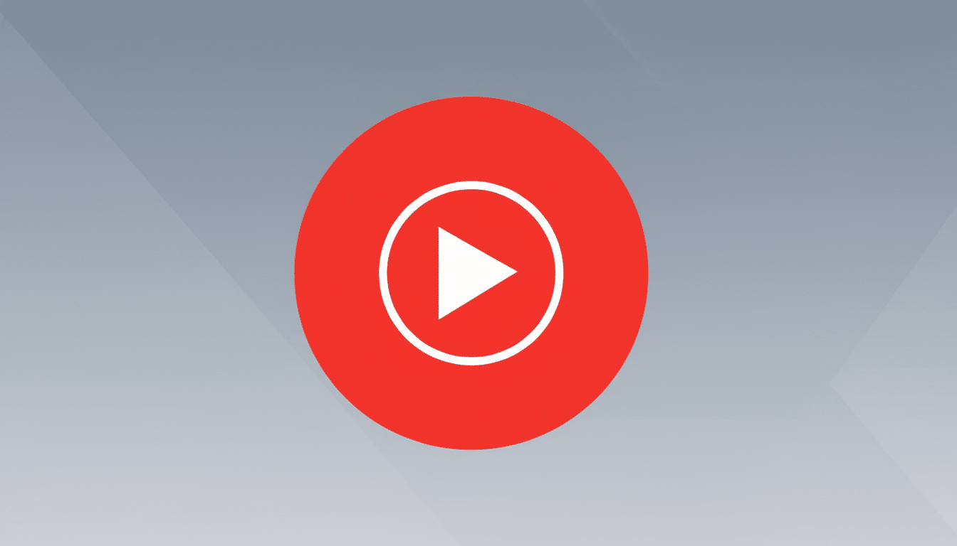 A 16:9 aspect ratio image featuring the YouTube Music logo, a white play button icon within a white circle, centered on a red circular background. The background is a professional flat design with a soft gray gradient.