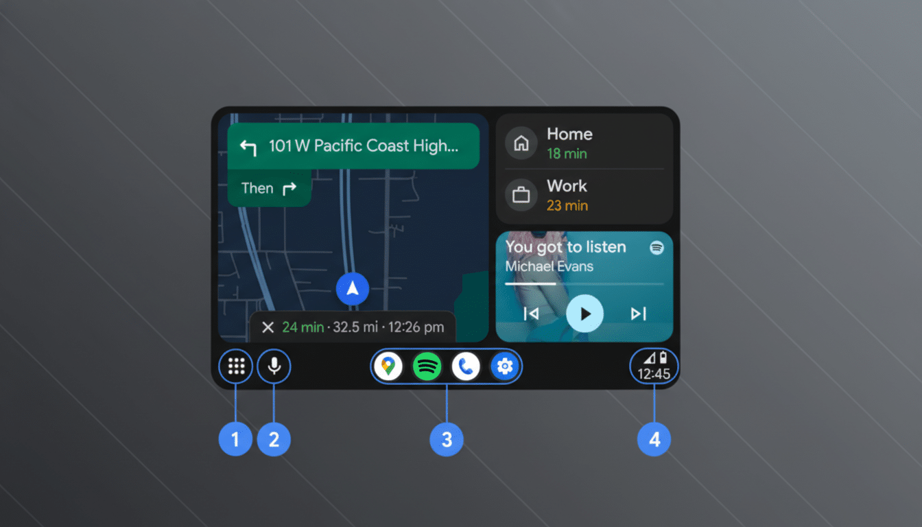 A resized image of a car infotainment system display, showing navigation, music, and quick access icons.