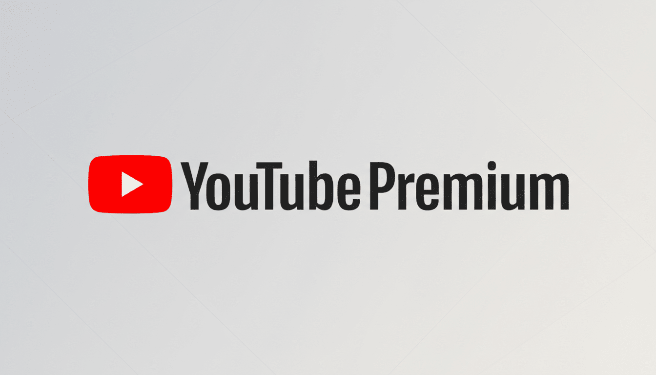 The YouTube Premium logo, featuring the red YouTube play button icon next to the words YouTube Premium in black text, set against a professional light gray background with subtle geometric patterns.