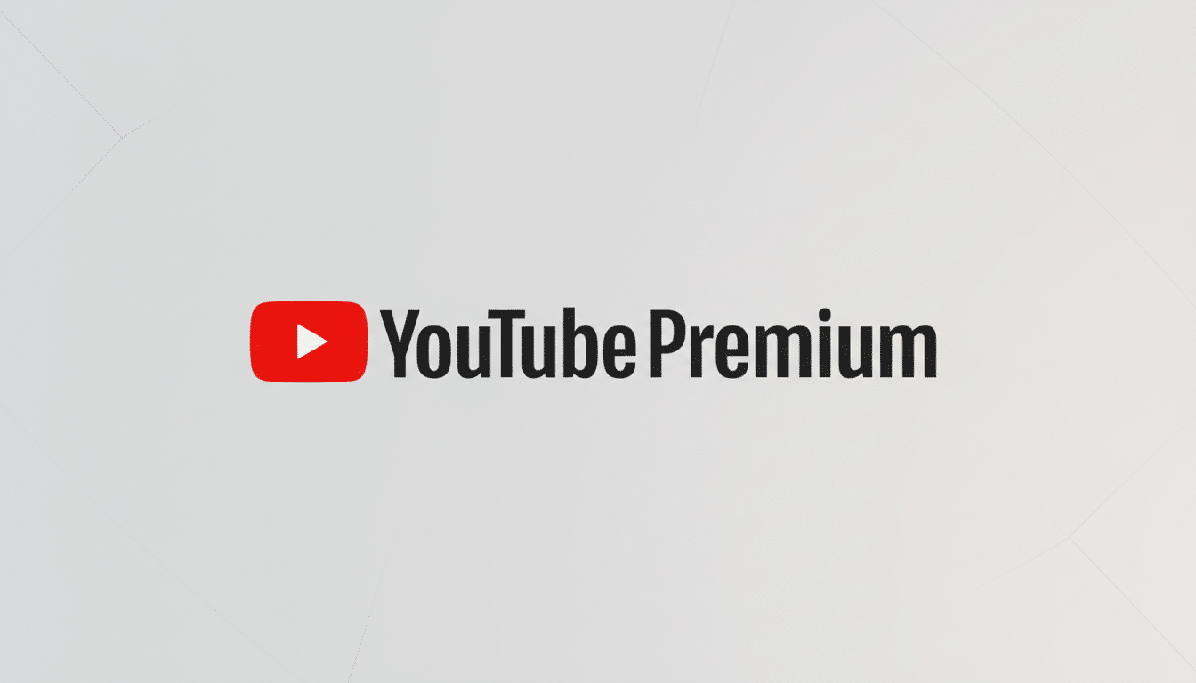 The YouTube Premium logo, featuring the red play button icon and YouTube Premium text in black, centered on a professional light gray background with subtle geometric patterns.