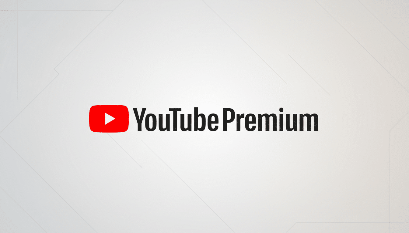 The YouTube Premium logo, featuring the red play button icon and YouTube Premium text in black, centered on a professional light gray background with subtle geometric patterns.