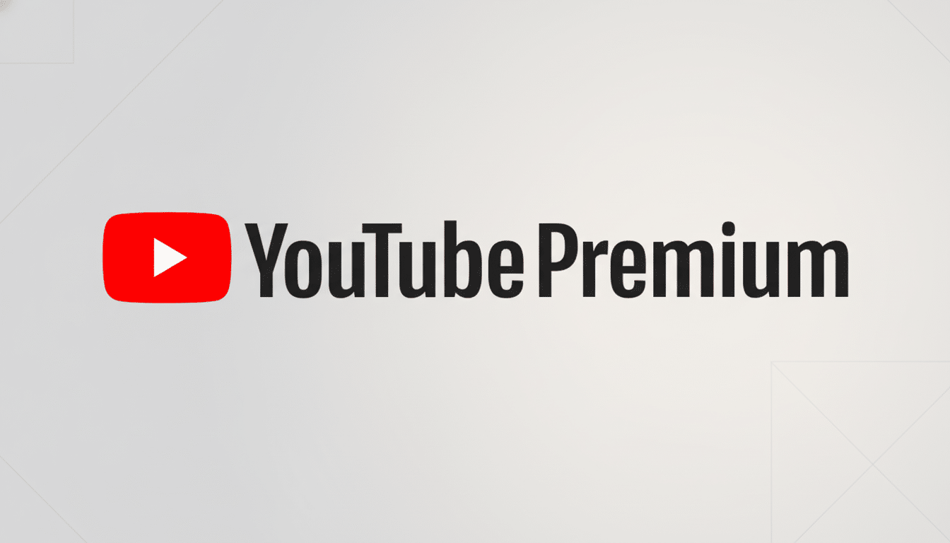 The YouTube Premium logo, featuring the red YouTube play button icon next to the words YouTube Premium in black text, set against a professional light gray background with subtle geometric patterns.