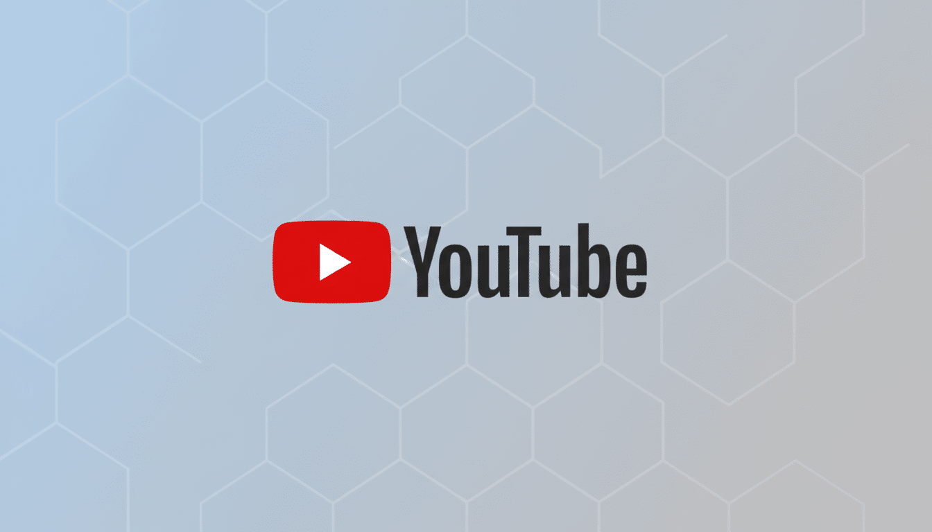 The YouTube logo, featuring a red play button icon next to the word YouTube in black text, centered on a light blue and gray gradient background with a subtle hexagonal pattern.