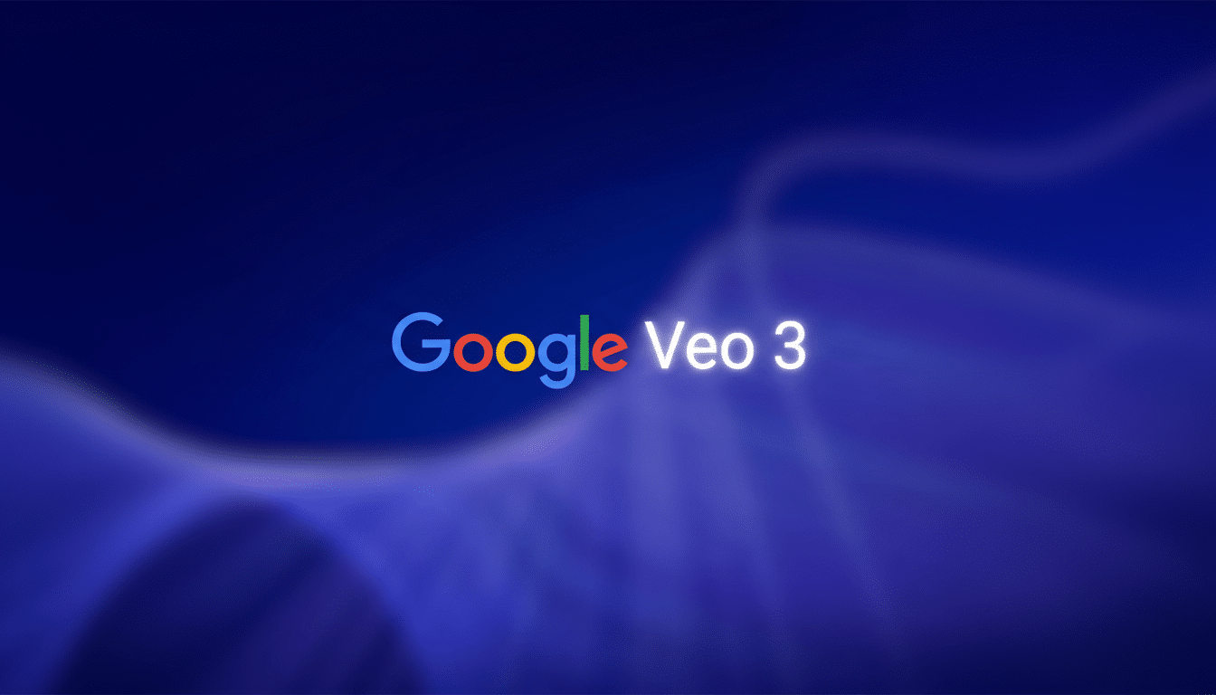 The Google Veo 3 logo is displayed on a dark blue background with subtle, blurred purple and white light patterns.