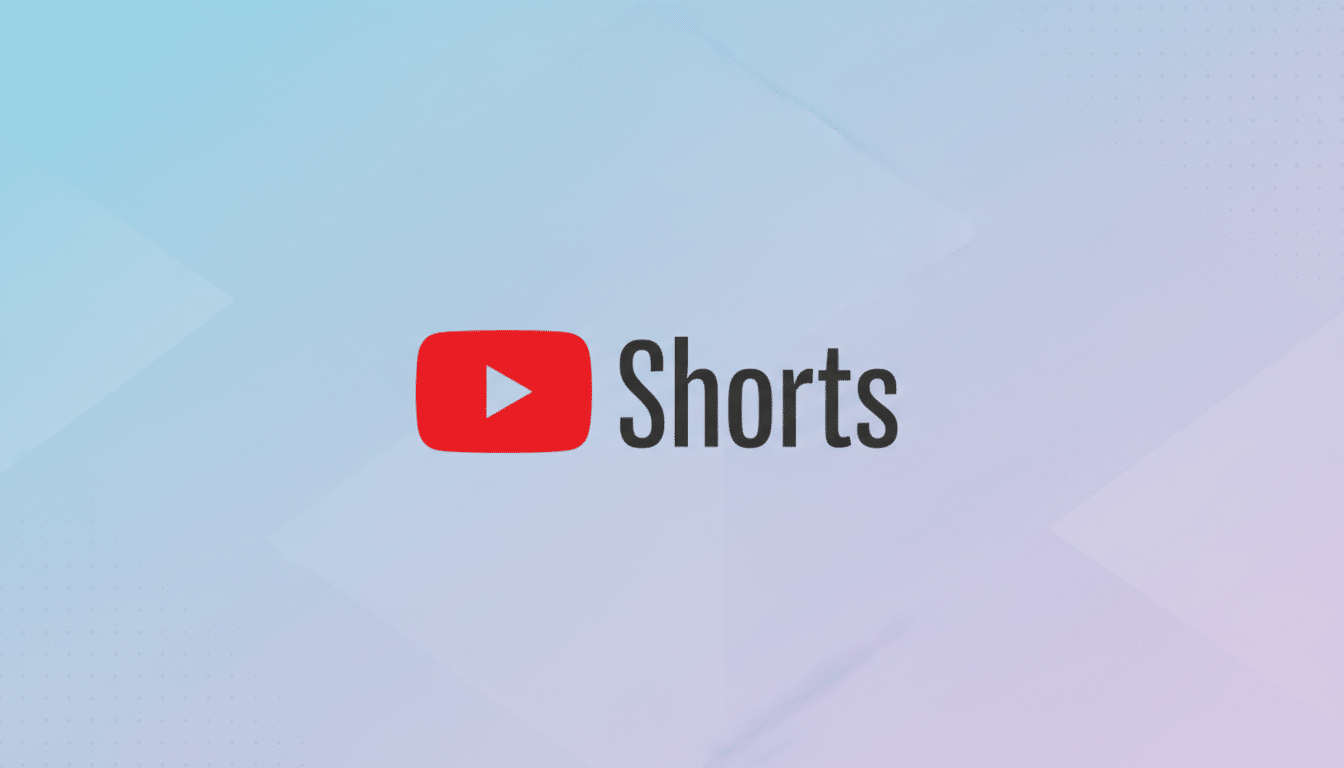 The YouTube Shorts logo, featuring a red play button icon next to the word Shorts in dark gray, centered on a professional flat design background with soft blue and purple gradients and subtle geometric patterns.