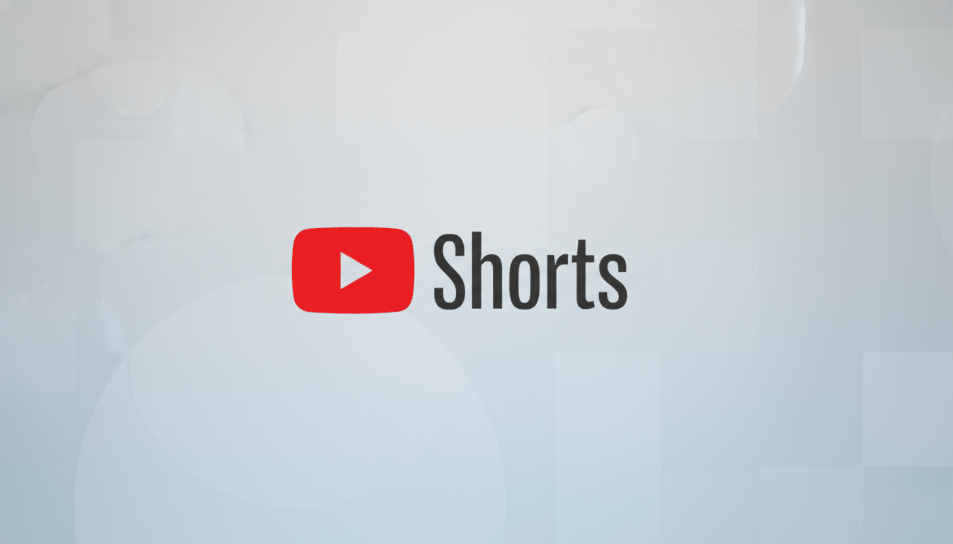 The YouTube Shorts logo, featuring a red play button icon next to the word Shorts in dark gray, centered on a light gray background with subtle, soft circular patterns.