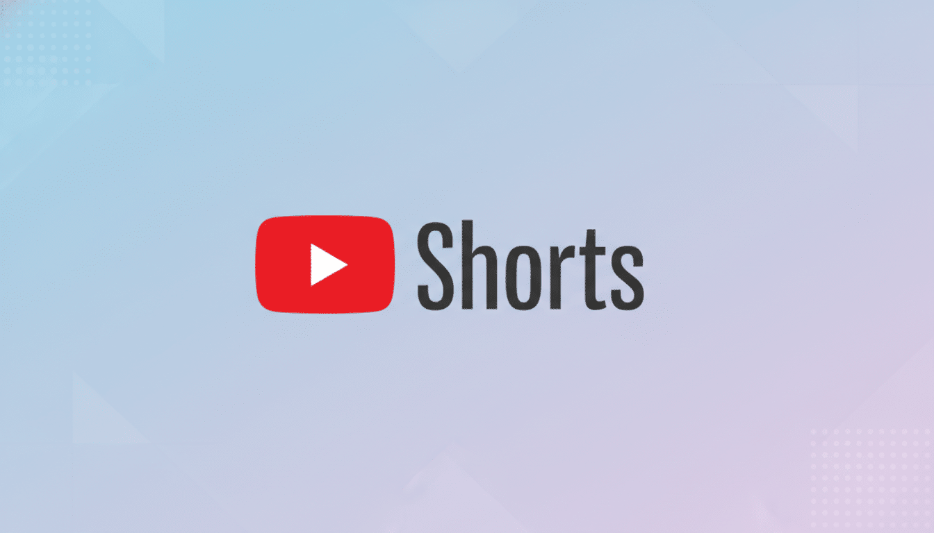 The YouTube Shorts logo, featuring a red play button icon next to the word Shorts in dark gray, centered on a professional flat design background with soft blue and pink gradients and subtle geometric patterns.