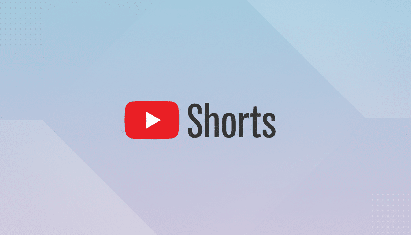 The YouTube Shorts logo, featuring a red play button icon next to the word Shorts in dark gray, centered on a professional flat design background with soft blue and purple gradients and subtle geometric patterns.