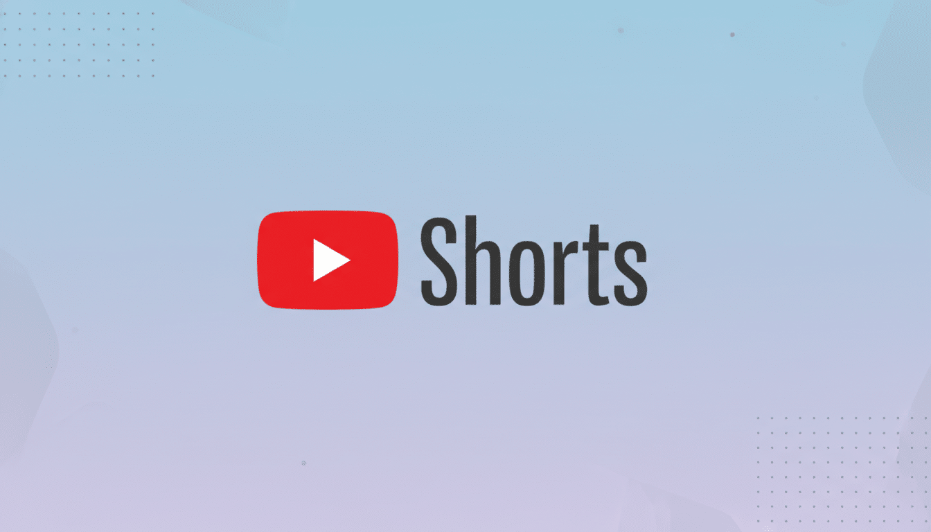 The YouTube Shorts logo, featuring a red play button icon next to the word Shorts in dark gray, centered on a professional flat design background with soft blue and purple gradients and subtle geometric patterns.