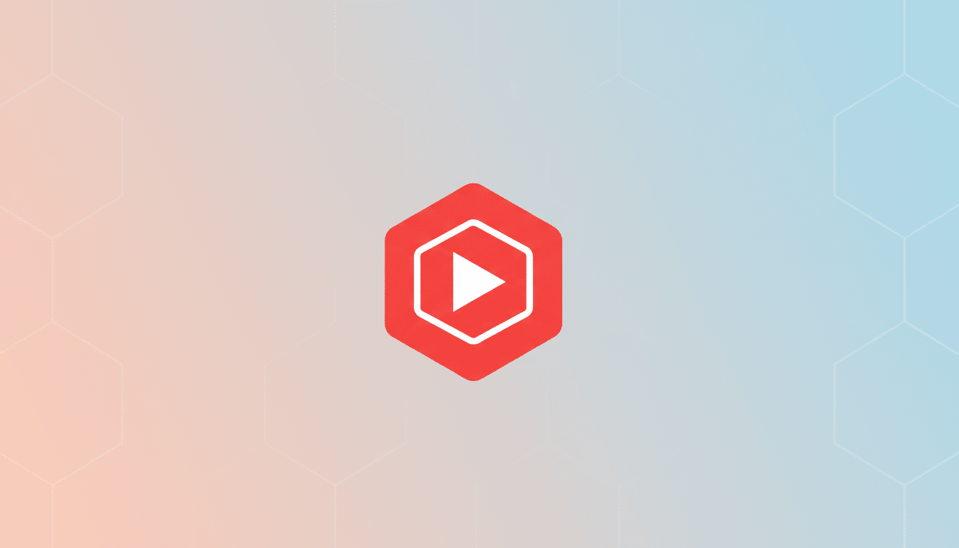 A red hexagonal play button icon centered on a professional flat design background with a soft gradient from light orange to light blue, featuring subtle hexagonal patterns.