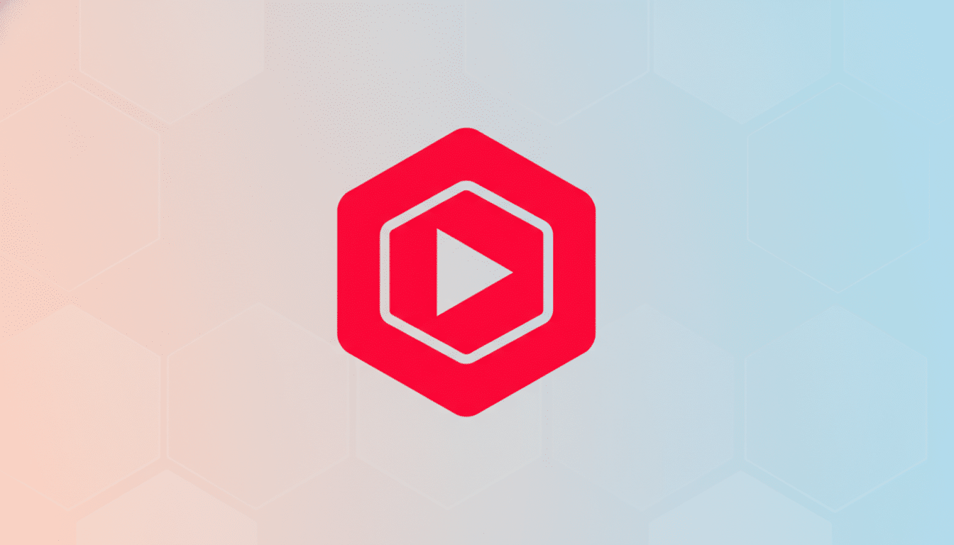 A red hexagonal play button icon on a professional flat design background with soft patterns and gradients.