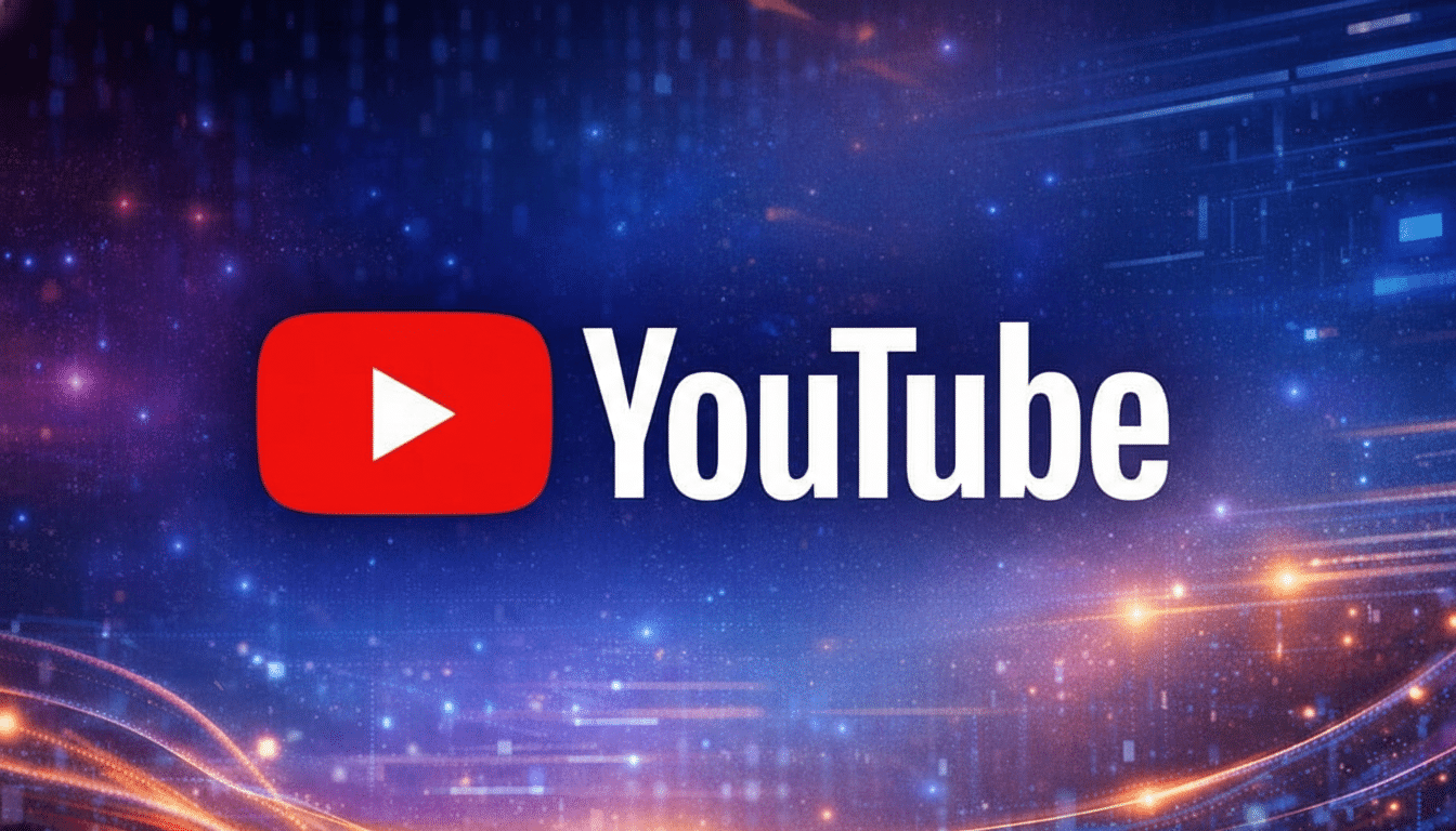 The YouTube logo, featuring a red play button icon and the word YouTube in white, set against a vibrant blue and purple background with abstract light patterns.