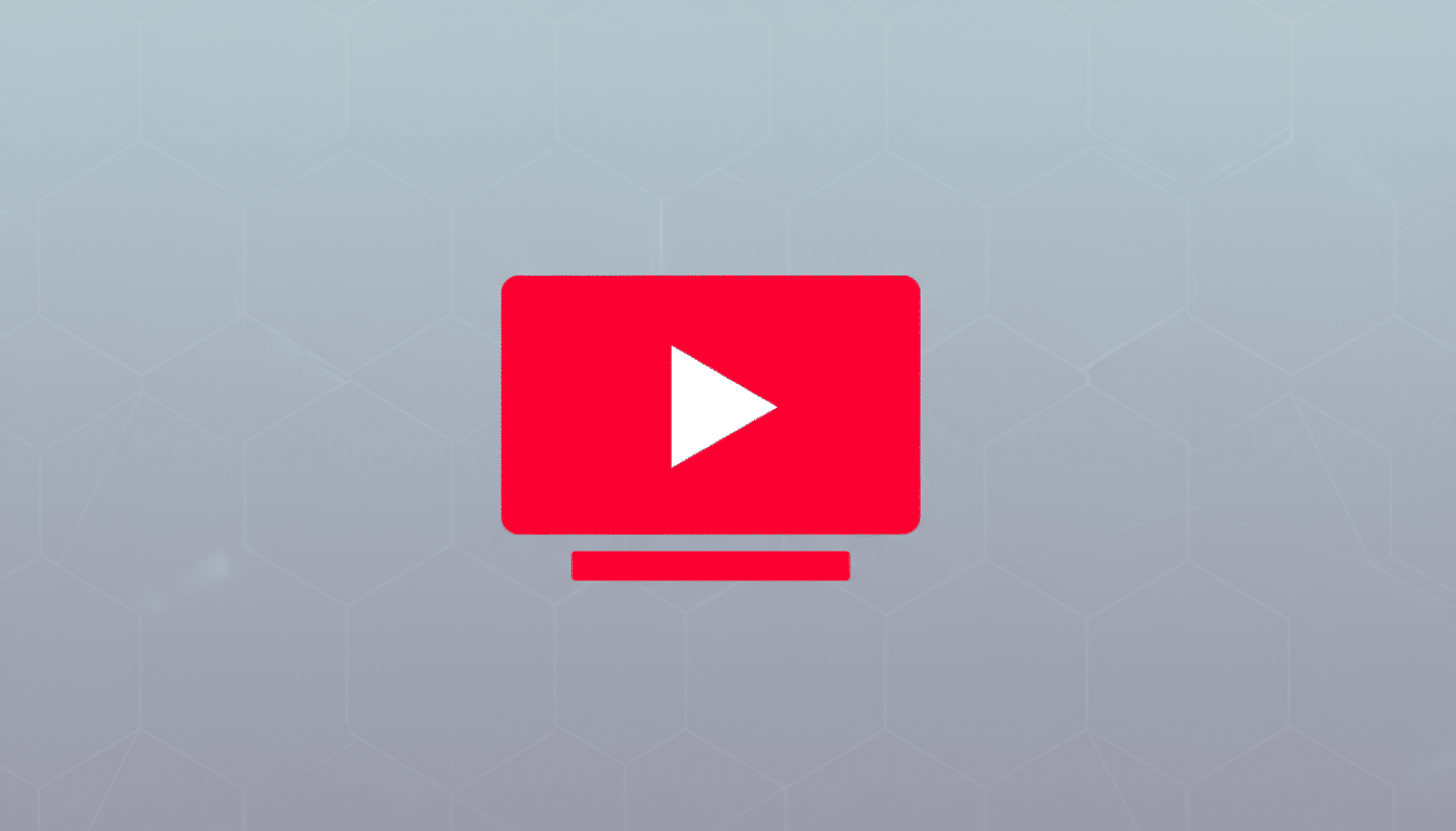A red YouTube TV icon with a white play button, centered on a professional gray background with a subtle hexagonal pattern.