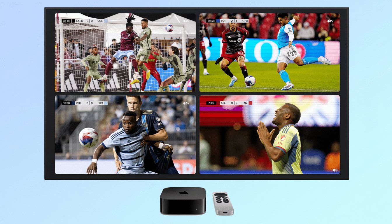 An Apple TV 4K device and remote are shown in the foreground, with a screen displaying four simultaneous soccer matches in the background.