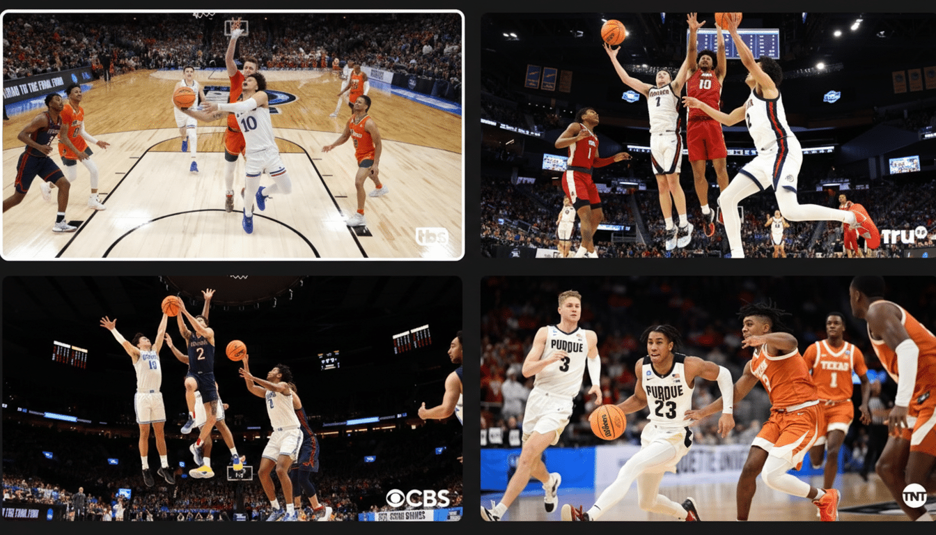 A collage of four basketball game images, each showing players in action on the court.