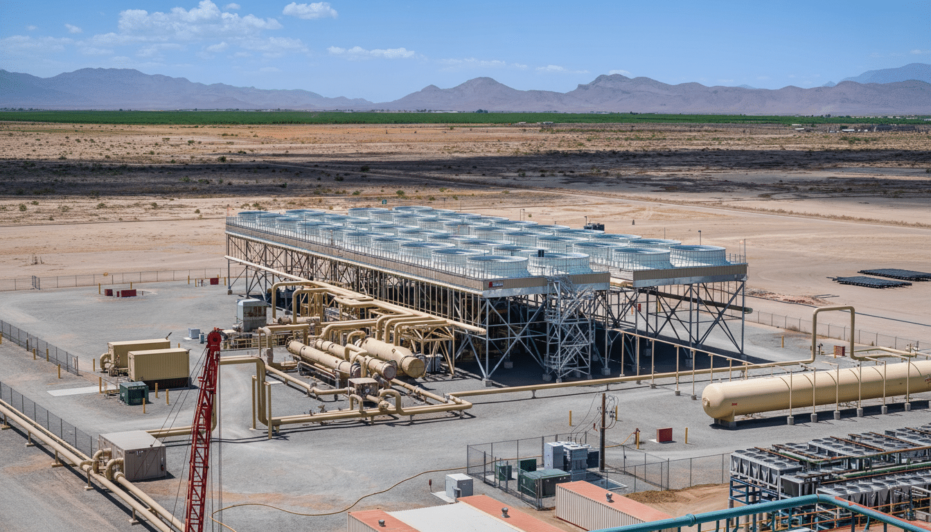 An industrial facility with large cooling towers and extensive piping, set against a desert landscape with mountains in the background.