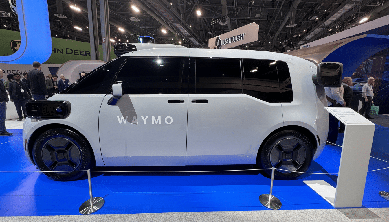 A white Waymo autonomous vehicle on display at an exhibition, with people in the background.