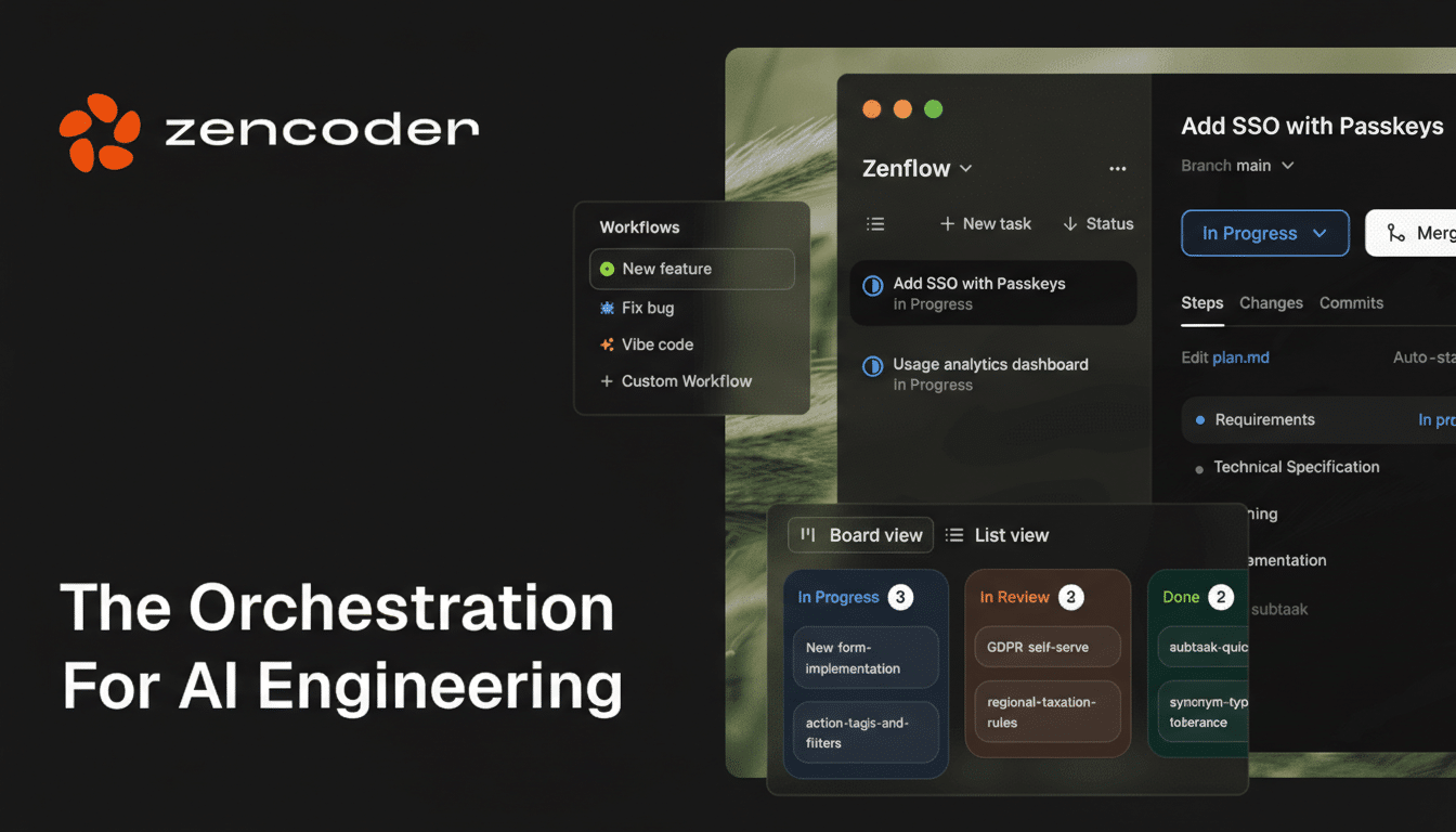 A screenshot of the Zencoder software interface, showcasing project management features with The Orchestration For AI Engineering text.