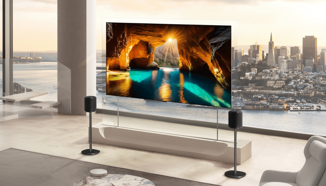 A large television screen displaying a vibrant image of a sunlit sea cave, set in a modern living space with a panoramic view of a city skyline at sunset.