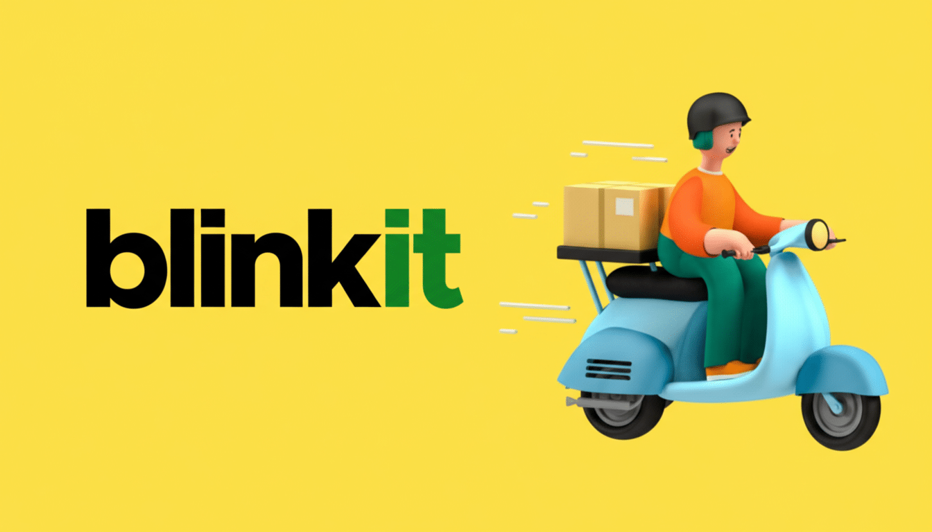 A 16:9 aspect ratio image of the Blinkit logo and a delivery person on a scooter.
