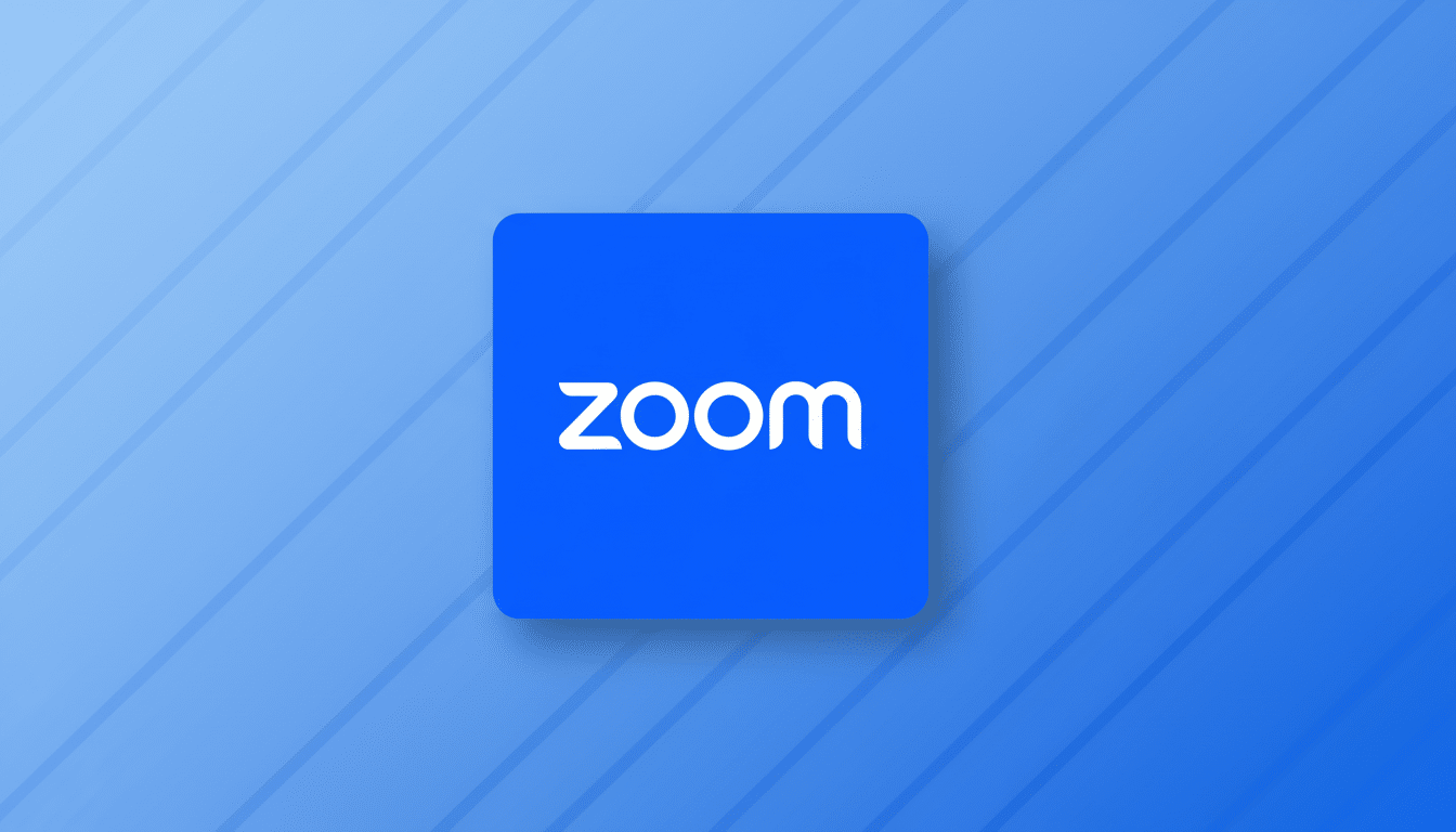 The Zoom logo, a white zoom wordmark on a blue square with rounded corners, centered on a light blue background with subtle diagonal stripe patterns and a soft gradient.