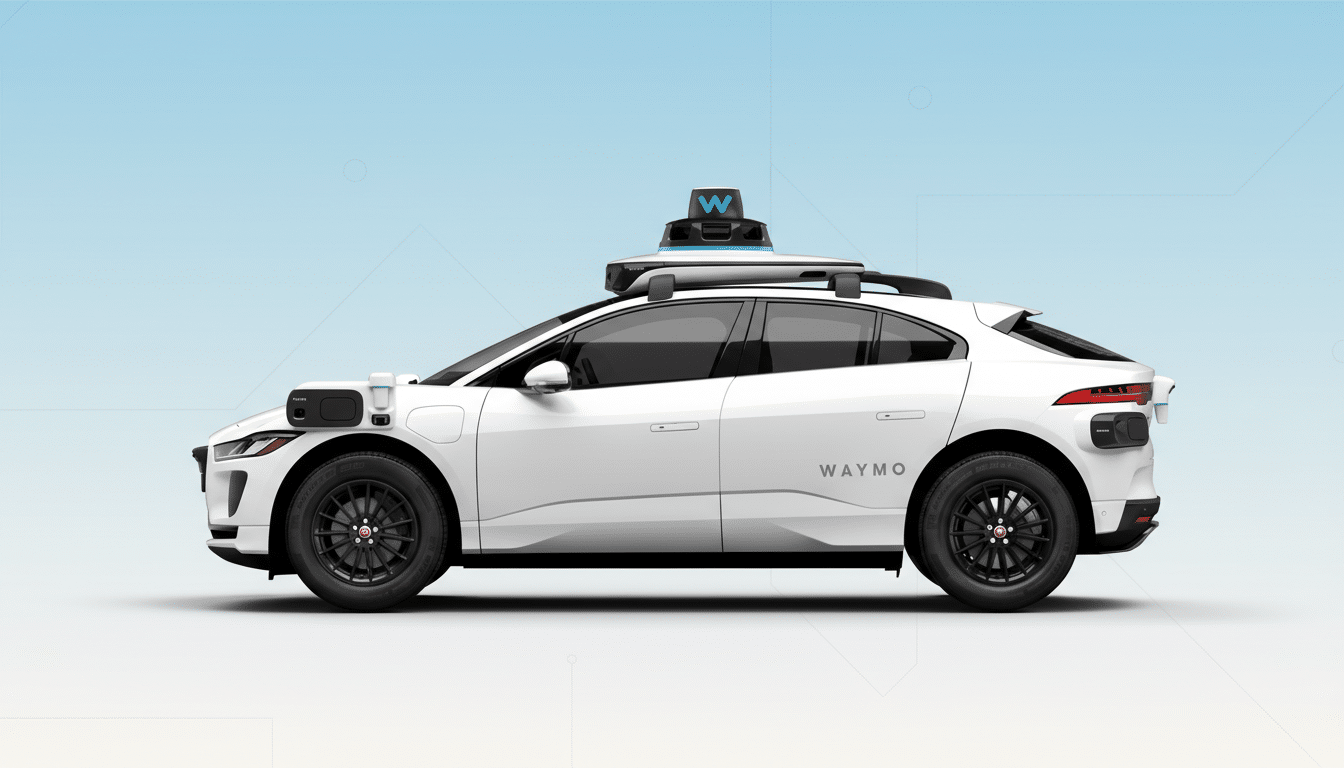 A white Waymo self-driving car, an electric Jaguar I-PACE, is shown in profile against a light blue gradient background with subtle geometric patterns.