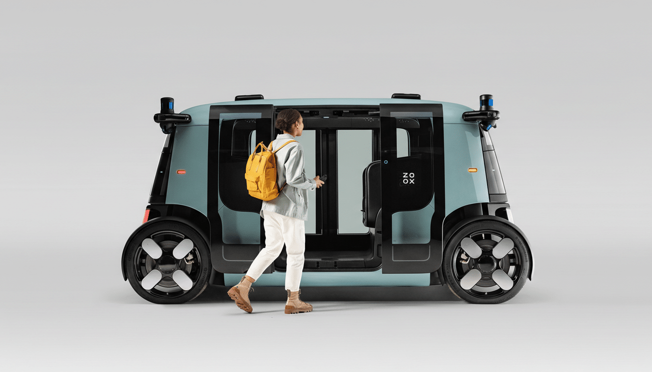 A woman with a yellow backpack walking towards the open door of a light blue autonomous vehicle.