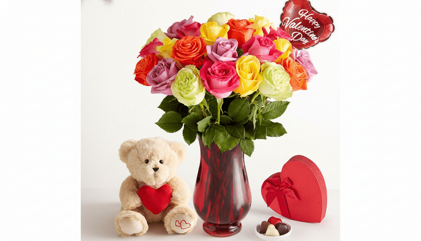 A bouquet of colorful roses in a red vase, a teddy bear holding a red heart, a heart-shaped box, and chocolates, all set against a white background.