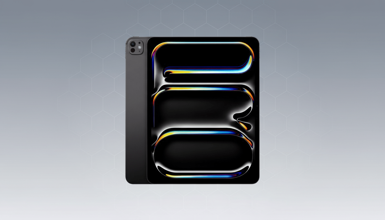 A dark gray iPad Pro with a black screen displaying a colorful, abstract 130 design, set against a professional gray background with a subtle hexagonal pattern.