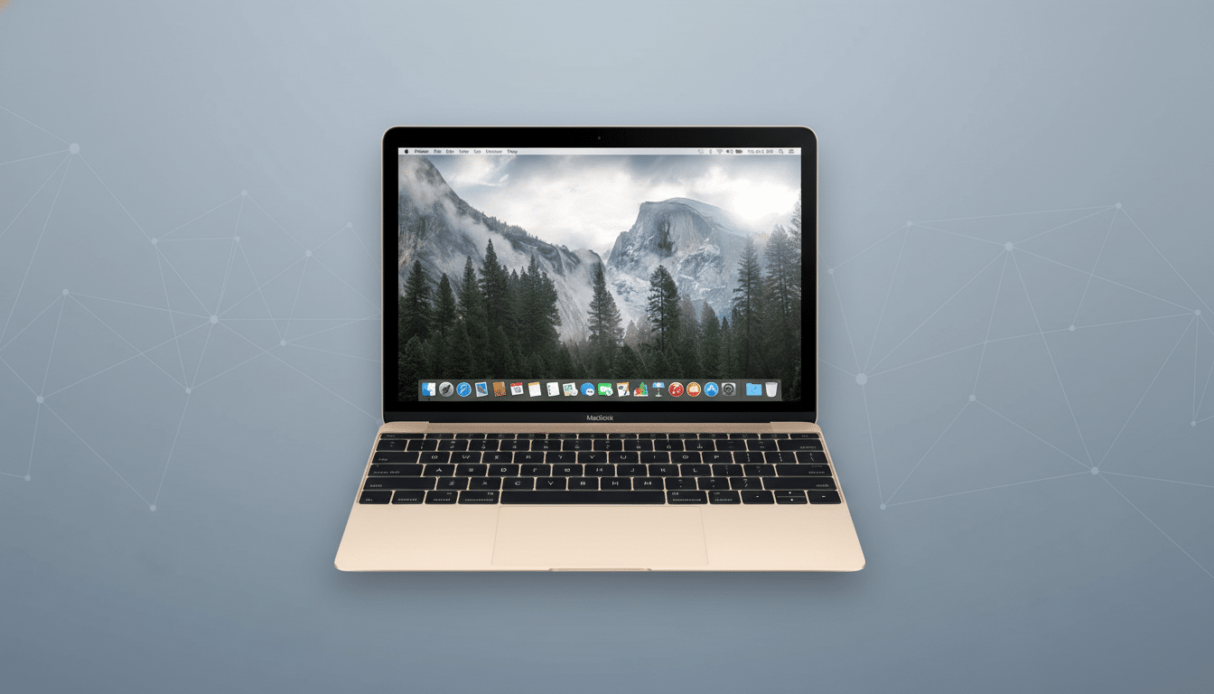 A gold MacBook laptop with a mountain landscape on its screen, set against a professional flat design background with soft patterns.