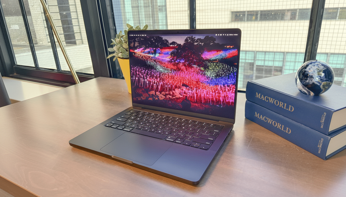 A black laptop with a colorful light display on its screen, set on a wooden desk next to two blue MACWORLD books, a small globe, and a potted plant, with a window view of city buildings in the background.