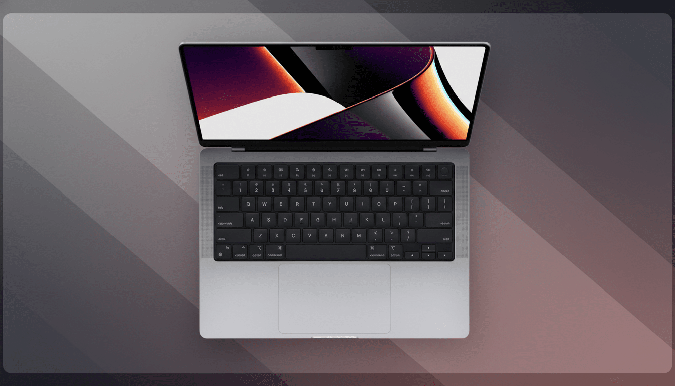 An overhead view of a silver MacBook Pro with its screen open, displaying a colorful abstract wallpaper. The laptop is centered on a professional flat design background with soft gray and subtle reddish-brown gradients and patterns.