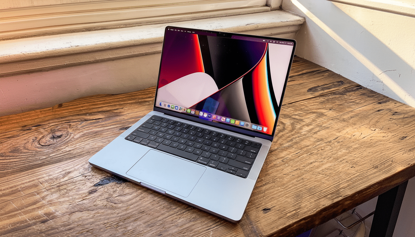 A silver MacBook Pro laptop sits open on a rustic wooden desk, with a window and natural light in the background. The screen displays a colorful abstract wallpaper.