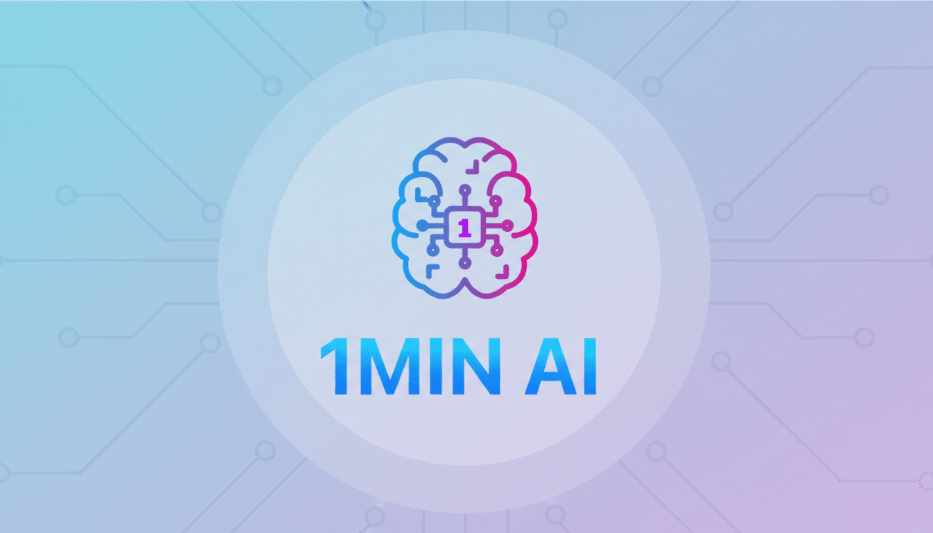 A 16:9 aspect ratio image featuring the 1MIN AI logo. The logo consists of a stylized brain outline in a blue-to-pink gradient, with a circuit board design inside and a central square chip displaying the number 1. Below the brain, the text 1MIN AI is written in a blue gradient. The background is a professional flat design with soft blue and purple gradients and subtle circuit board patterns, with a large, faint circular overlay behind the logo.