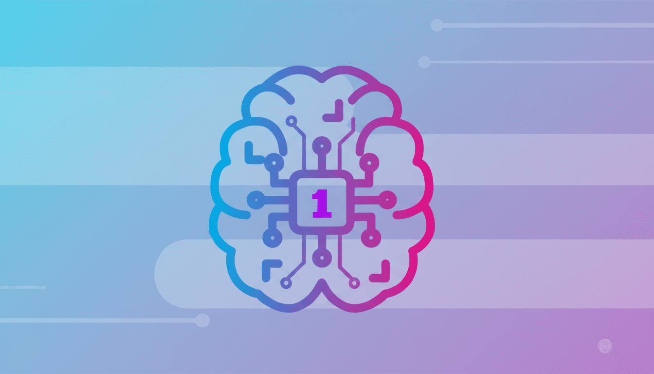 A brain icon with a circuit board and the number 1 in the center, set against a professional flat design background with soft patterns and gradients.