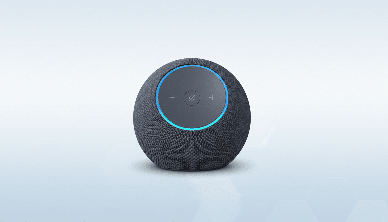 A dark gray spherical smart speaker with a glowing blue ring and control buttons on top, set against a professional light blue and white gradient background with subtle hexagonal patterns.