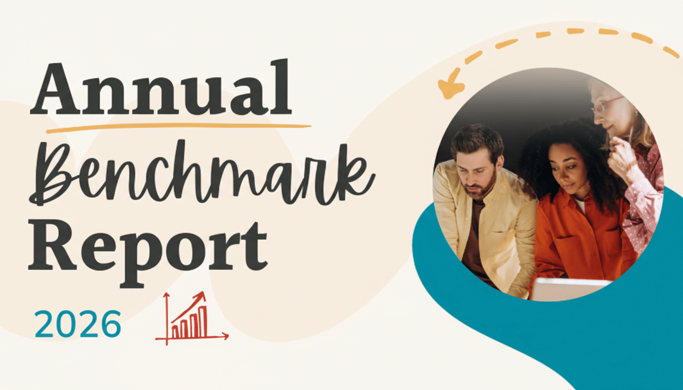 A professional image with Annual Benchmark Report 2026 text on the left and three people looking at a laptop on the right, resized to a 16:9 aspect ratio.