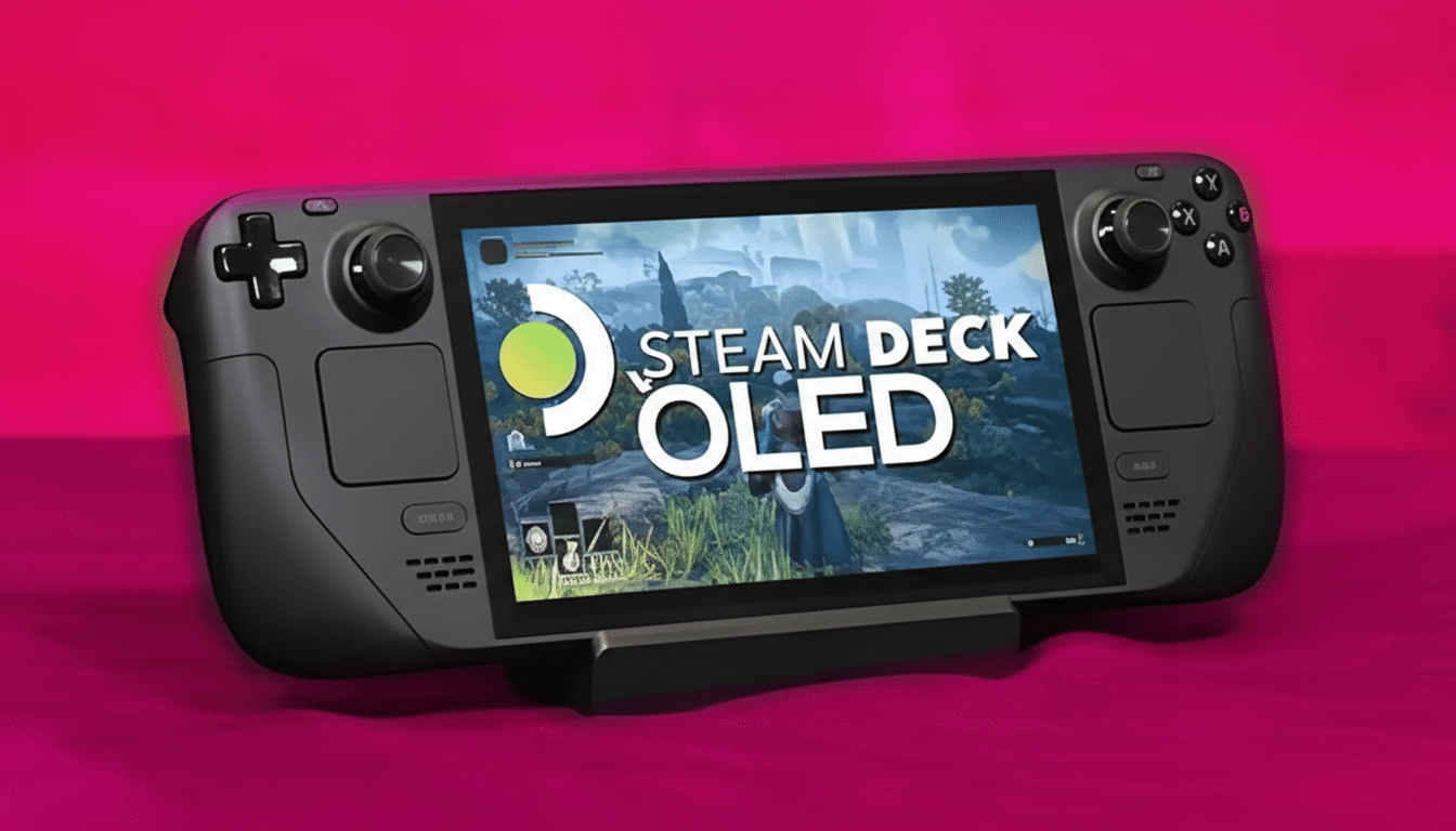 A Steam Deck OLED console displayed on a stand against a vibrant pink background.