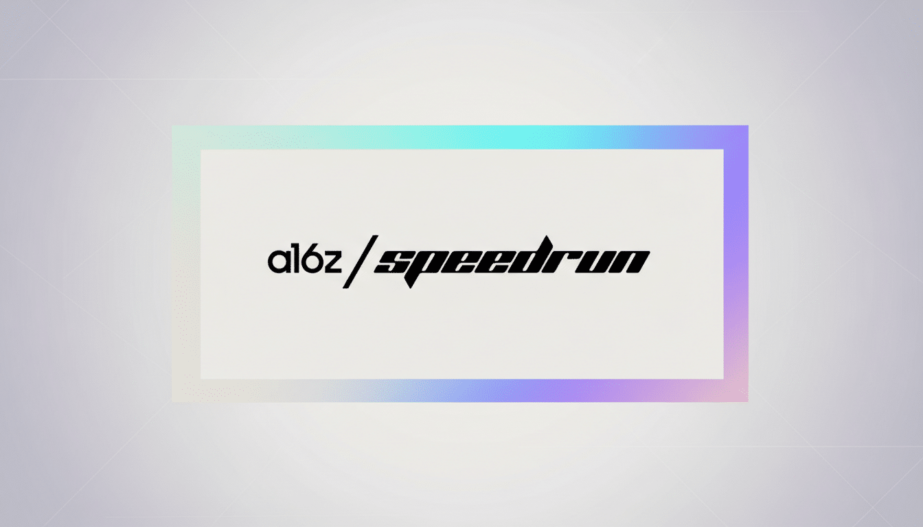 The image displays the text a16z / speedrun in a stylized black font, centered within a rectangular frame that has a gradient border of light blue, pink, and purple. The background outside the frame is a soft, light gray gradient.