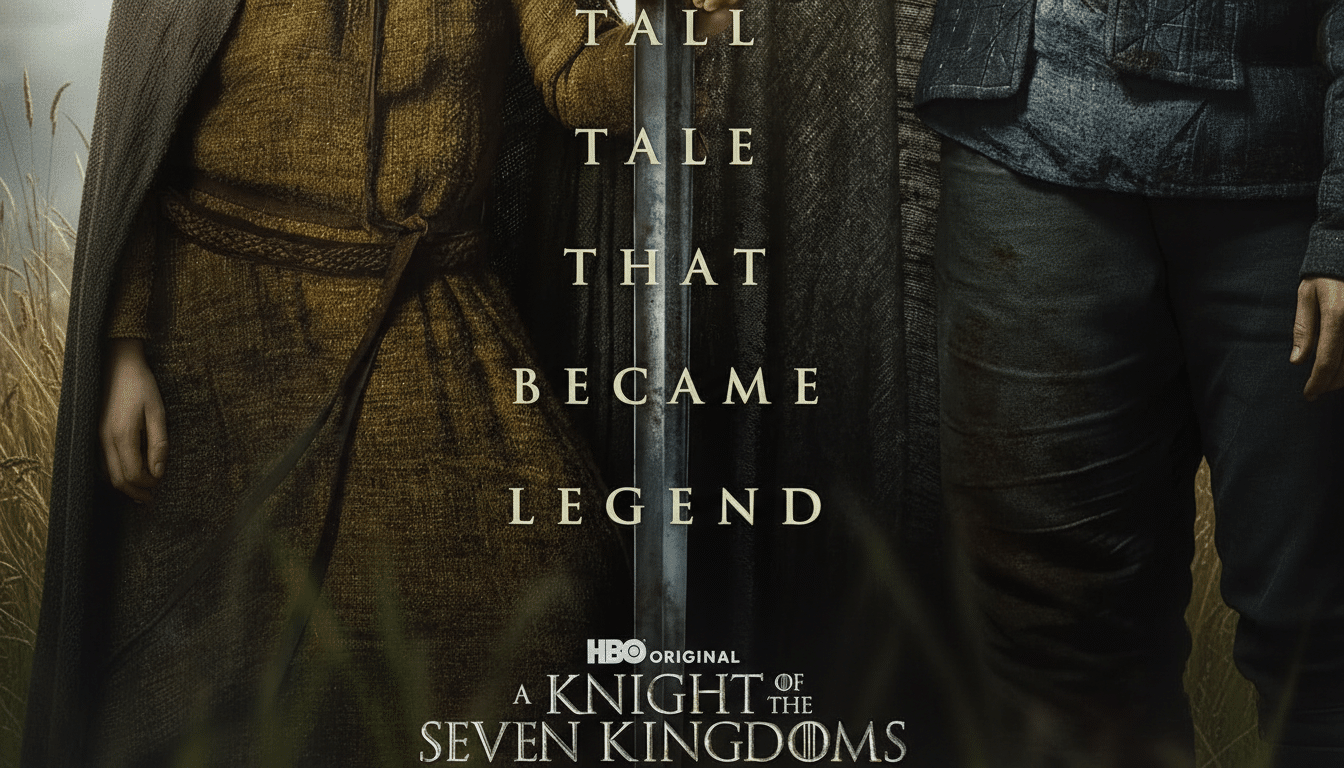 A promotional poster for A Knight of the Seven Kingdoms showing two figures, one in a brown tunic and cape, and another in a grey tunic, holding a sword between them. The text A TALL TALE THAT BECAME LEGEND is vertically aligned on the sword.