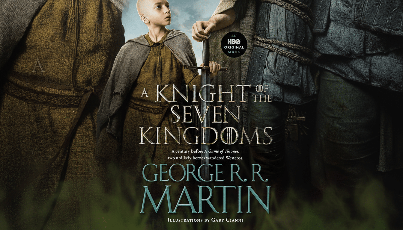 The book cover for A Knight of the Seven Kingdoms by George R.R. Martin, featuring a young, bald boy in a tunic and cape holding a sword, standing next to an adult figure whose hand is also on the sword. The HBO Original Series logo is visible.