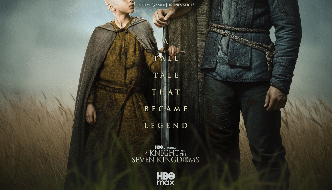 A promotional image for A Knight of the Seven Kingdoms showing a young, bald person in a cloak standing next to an adult, with a sword between them. The text A TALL TALE THAT BECAME LEGEND is vertically aligned on the sword.