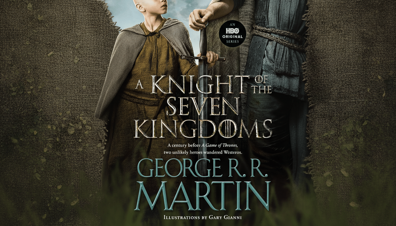 The book cover for A Knight of the Seven Kingdoms by George R.R. Martin, featuring a young, bald boy in a tunic and cape holding a sword, standing next to an older, partially visible figure. The HBO Original Series logo is visible.