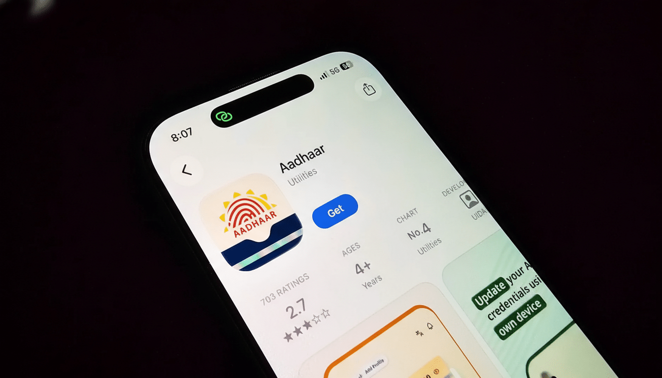 A smartphone screen displaying the Aadhar app page in an app store, with the app icon, name, and a Get button visible.