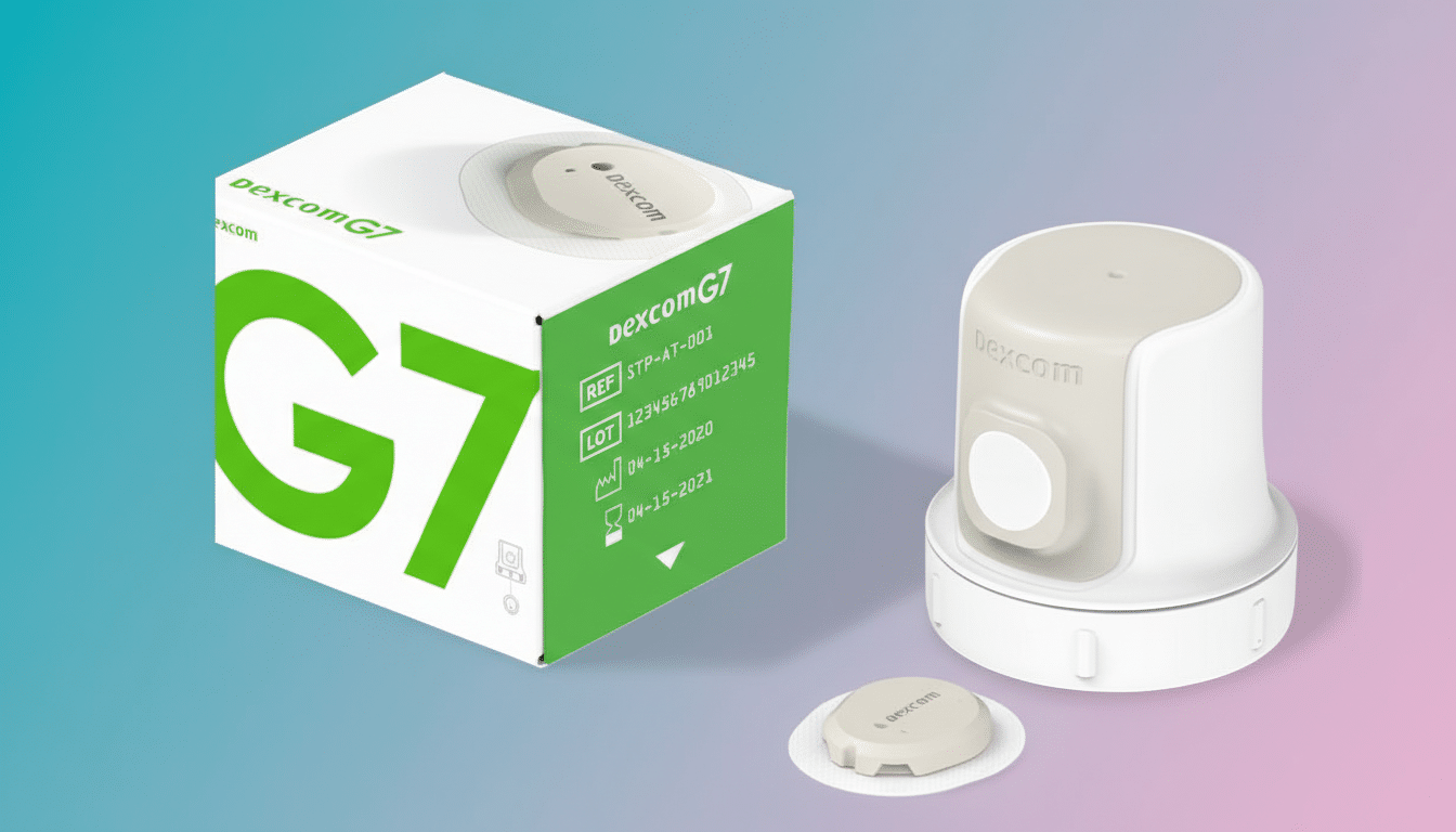A Dexcom G7 continuous glucose monitoring system, including the device, applicator, and packaging, presented on a professional flat design background with soft gradients.