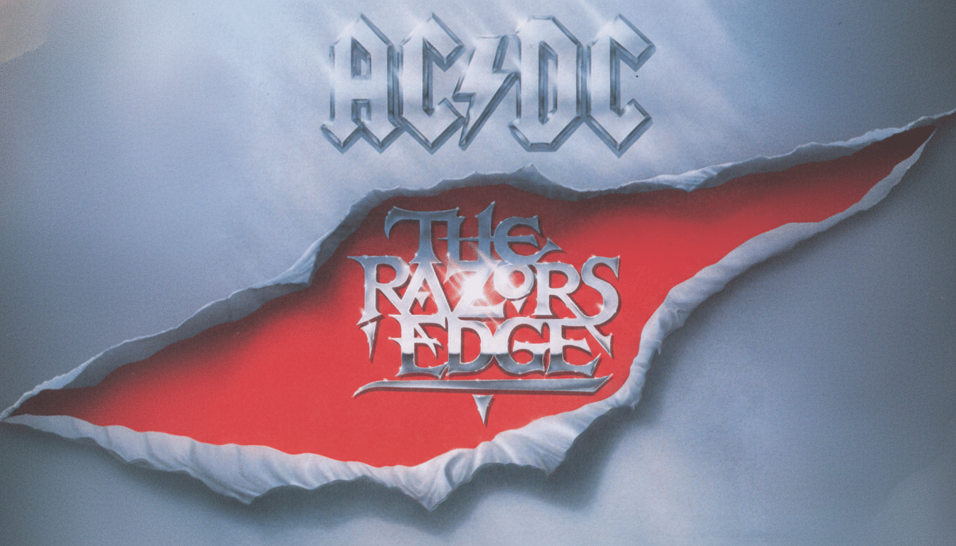 The album cover for AC/DCs The Razors Edge in a 16:9 aspect ratio, featuring the bands logo and album title on a torn paper effect revealing a red background.