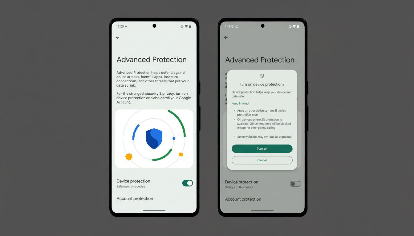 Two smartphone screens displaying Advanced Protection settings, with one showing a pop-up asking to Turn on device protection?.
