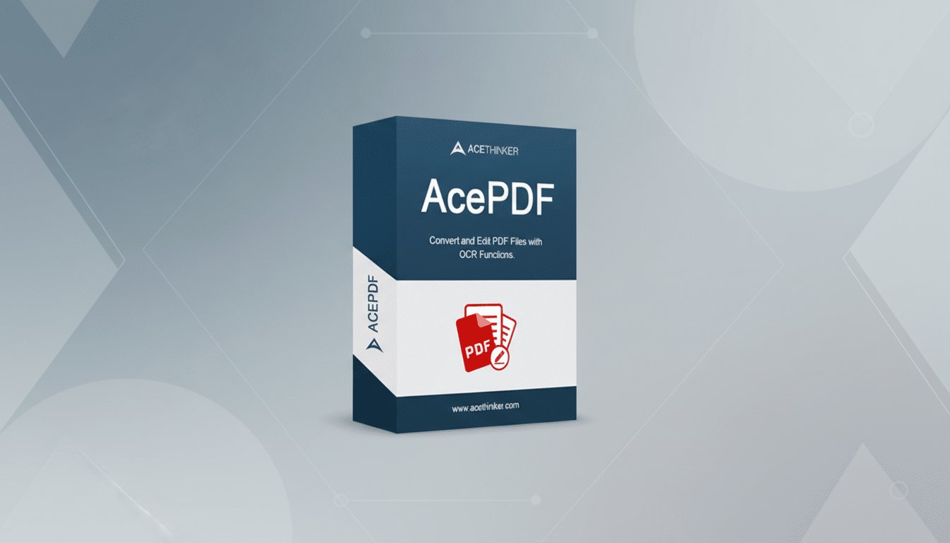 A 16:9 aspect ratio image of the AcePDF software box, featuring a dark blue and white design with a red PDF icon, set against a professional flat gray background with subtle geometric patterns.
